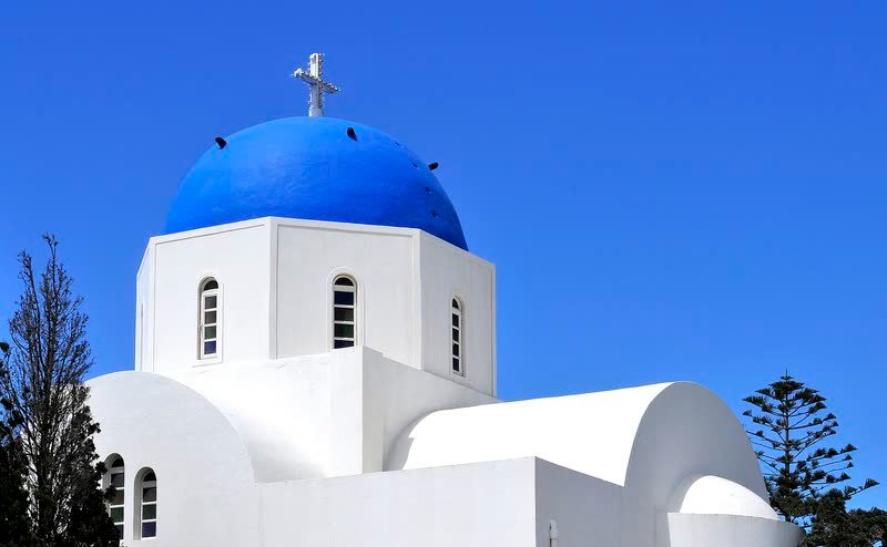 Blue-domed white church in the Cyclades